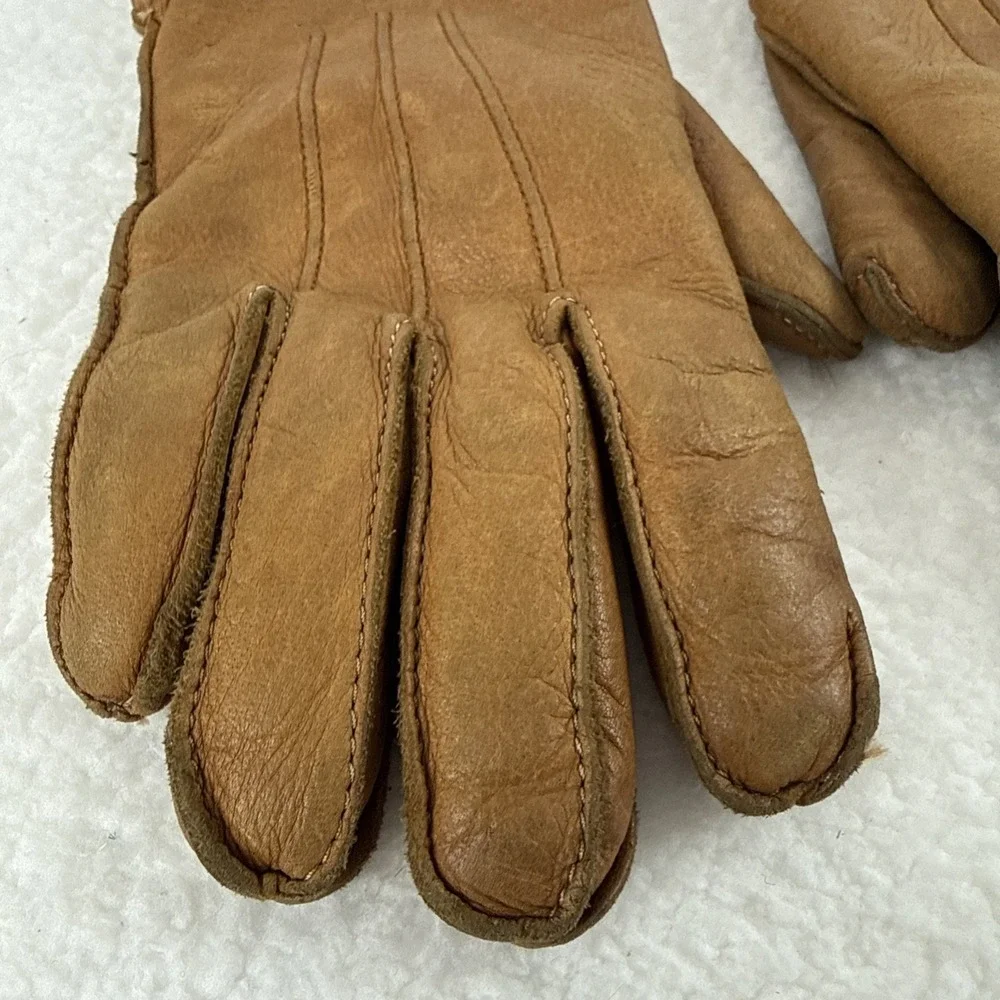 Vtg LL Bean Womens Tan Deerskin Gloves Sta-Soft Rabbit Fur Lined Small-Med
